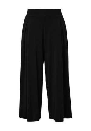 Black culottes made of lightweight fabric, featuring a wide leg design, pleated front, and an elastic waistband for comfort.