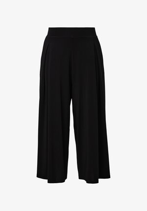 Culottes noires en tissu léger, dotées d'une coupe large, d'un devant plissé et d'une taille élastique pour plus de confort.