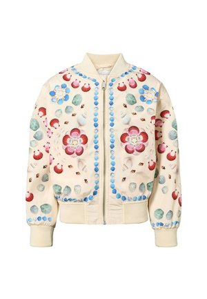 Cremefarvet bomberjakke med lynlås foran, dekoreret med farverige blomster mønstre af muslingeskaller og blå muslingekant langs lynlås og manchetter.