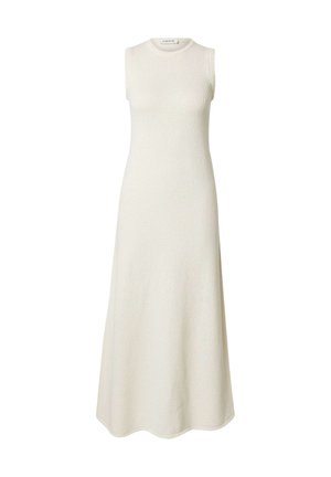 Ärmelloses weißes Kleid aus strukturiertem Stoff, Midi-Länge, runder Ausschnitt und fließende A-Linien-Silhouette. Keine sichtbaren Verschlüsse oder Akzente.