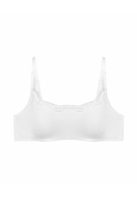 Biała bralette wykonana z gładkiego materiału z koronkowym wykończeniem wokół dekoltu. Posiada cienkie, regulowane ramiączka oraz bezszwowy design.