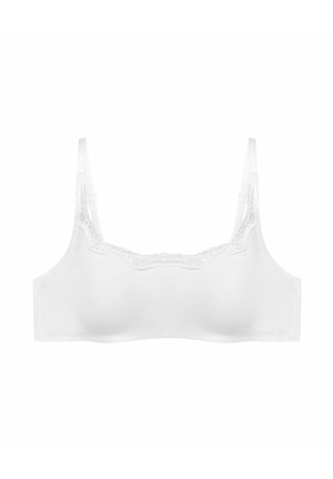 Biała bralette wykonana z gładkiego materiału z koronkowym wykończeniem wokół dekoltu. Posiada cienkie, regulowane ramiączka oraz bezszwowy design.
