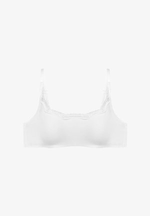 Weißes Bralette aus glattem Stoff mit Spitzenbesatz entlang des Ausschnitts. Verfügt über dünne, verstellbare Träger und ein nahtloses Design.