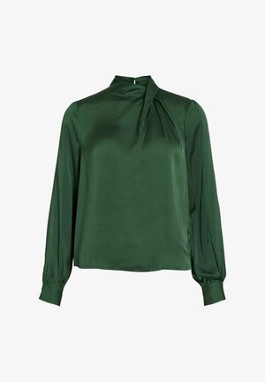 Zelena satenska bluzica z visokim ovratnikom, nabranim detajlom spredaj in dolgimi rokavi z gumbnimi manšetami. Gladka tekstura in sproščen kroj.