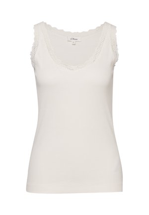 Biały damski top bez rękawów z koronkową lamówką przy dekolcie i otworach na ramiona, wykonany z prążkowanej tkaniny, rozmiar 36.