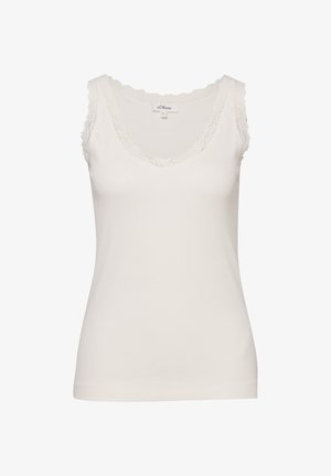 Haut sans manches blanc pour femme avec bordure en dentelle au niveau de l'encolure et des emmanchures, en tissu côtelé, taille 36.