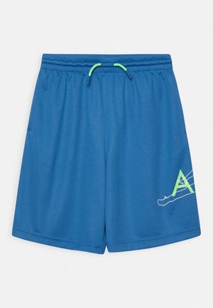 Blauwe sportshorts met een elastische tailleband, een groen trekkoord en een kleine limegroene en witte afbeelding op het rechterbeen.