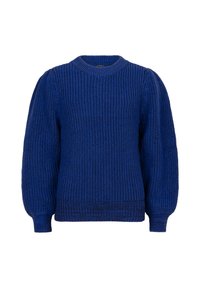 Pull en tricot bleu avec une texture côtelée, un col ras du cou et des manches bouffantes. Les poignets et l'ourlet sont également côtelés pour un ajustement parfait.