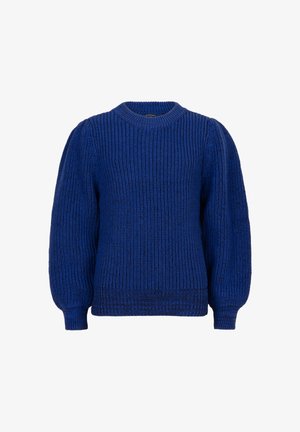 Blauwe gebreide trui met een geribbeld patroon, ronde halslijn en pofmouwen. De manchet en zoom zijn ook geribbeld voor een snug fit.