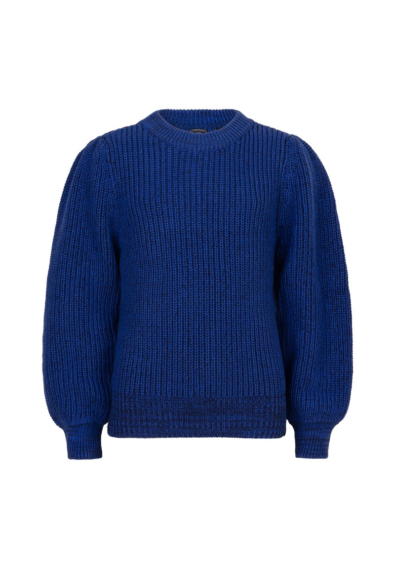 Pull en tricot bleu avec une texture côtelée, un col ras du cou et des manches bouffantes. Les poignets et l'ourlet sont également côtelés pour un ajustement parfait.