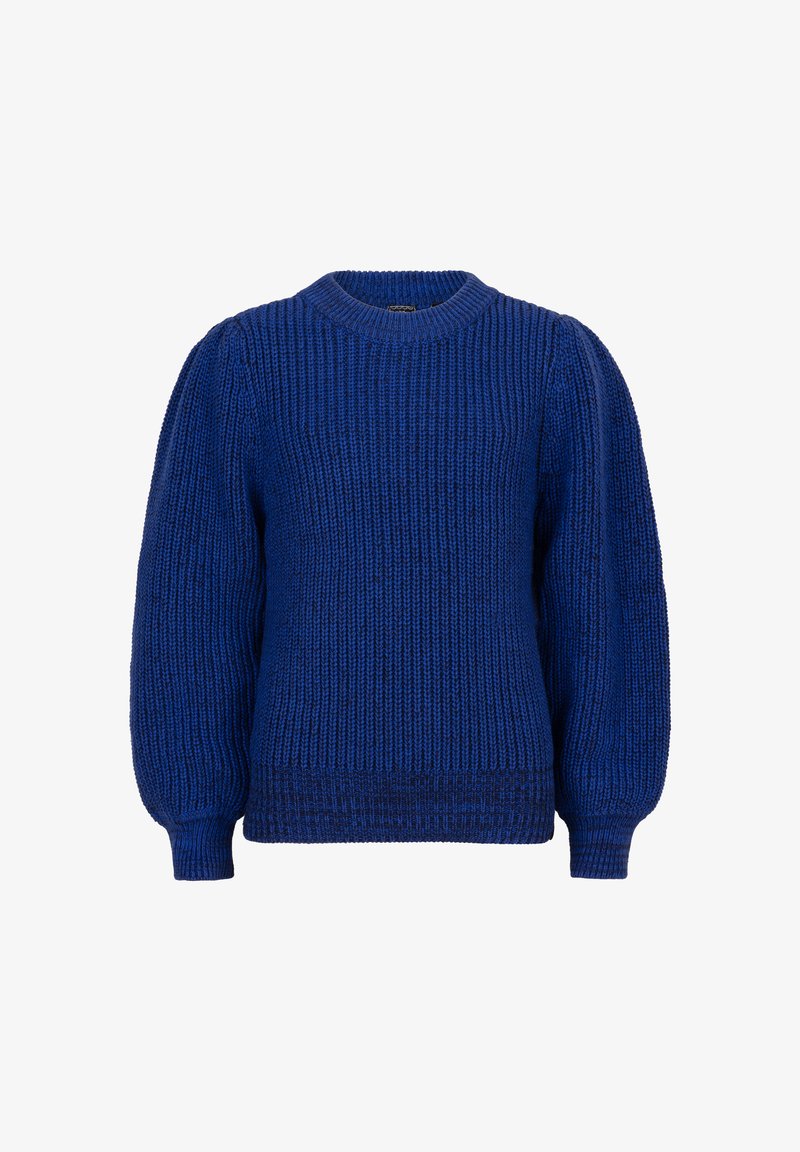 Pull en tricot bleu avec une texture côtelée, un col ras du cou et des manches bouffantes. Les poignets et l'ourlet sont également côtelés pour un ajustement parfait.