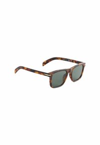 Ochelari de soare din material de broască țestoasă cu rame rectangulare, lentile verzi închise și brațe texturate. Prezintă accente aurii pe ramă.