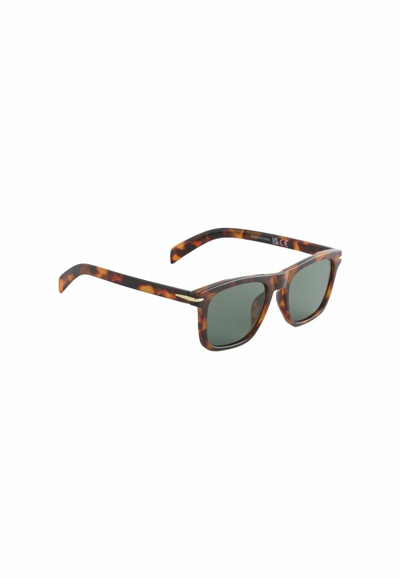 Ochelari de soare din material de broască țestoasă cu rame rectangulare, lentile verzi închise și brațe texturate. Prezintă accente aurii pe ramă.
