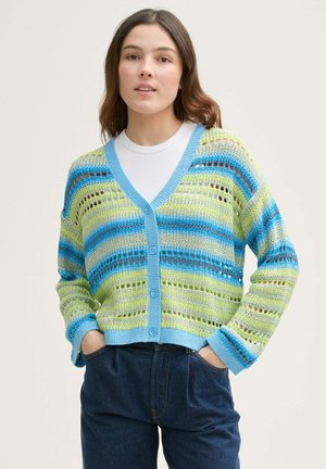 Gehaakte cardigan in groen en blauwe strepen met V-hals, knopen en een losse pasvorm. Heeft een gestructureerd, open breimotief.