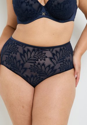 Mutande a vita alta di colore blu navy con motivo in pizzo floreale e fascia elastica liscia. Design testurizzato con dettagli trasparenti in tutto.