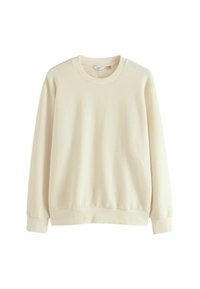 Lys beige sweatshirt med et struktureret, strikket mønster, rund halsudskæring og ribbede manchetter og kant. Blødt materiale, afslappet pasform.