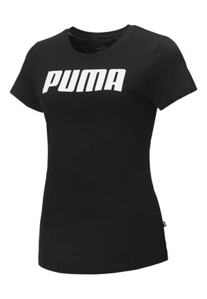 Sort kortærmet dame T-shirt med hvid Puma-logo tekst på tværs af brystet og rundt halsudskæring.