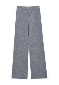 Graue, weite Hose aus einem weichen Baumwollmischgewebe, mit einem glatten Bund und einer schlichten Textur ohne Muster oder Akzente.