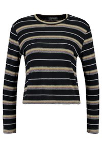 Černý crop top s dlouhými rukávy, horizontální pruhy v purpurové, zlaté a bílé barvě, kulatý výstřih a štítek Topshop uvnitř límce.