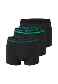 Schwarze Boxer-Briefs aus einem weichen Stoff. Jede Paar verfügt über einen breiten elastischen Bund mit dem "uncover"-Logo, zwei Paare haben türkisfarbene Akzente.