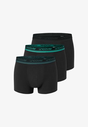 Schwarze Boxershorts mit einem türkisfarbenen "uncover"-Logo am Bund, ausgestattet mit einem körperbetonten Schnitt und glatter Textur.