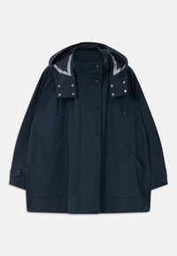Dark navy hooded raincoat with front snap buttons, large side pockets, adjustable drawstrings, and buttoned sleeve cuffs.