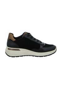Black suede and leather sneaker with a thick white sole, brown accents on the heel, and lace-up design. Features a smooth texture and contrasting materials.