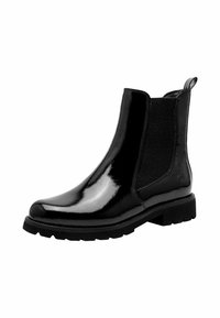 Bottines en cuir verni noir avec des panneaux latéraux en élasthanne, bout rond et semelle en caoutchouc texturée basse. Comprend une languette à l'arrière pour un enfilage facile.