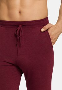 Bordeaux katoenen joggingbroek met een verstelbare tailleband, voorzien van een vlakke voorkant en zijzakken. De stof heeft een zachte, gestructureerde uitstraling.