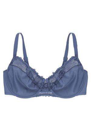 Blue bra featuring lace detailing at the top, molded cups, adjustable straps, and a small bow at the center. Soft satin texture.