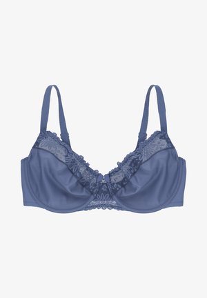 Blue bra featuring lace detailing at the top, molded cups, adjustable straps, and a small bow at the center. Soft satin texture.