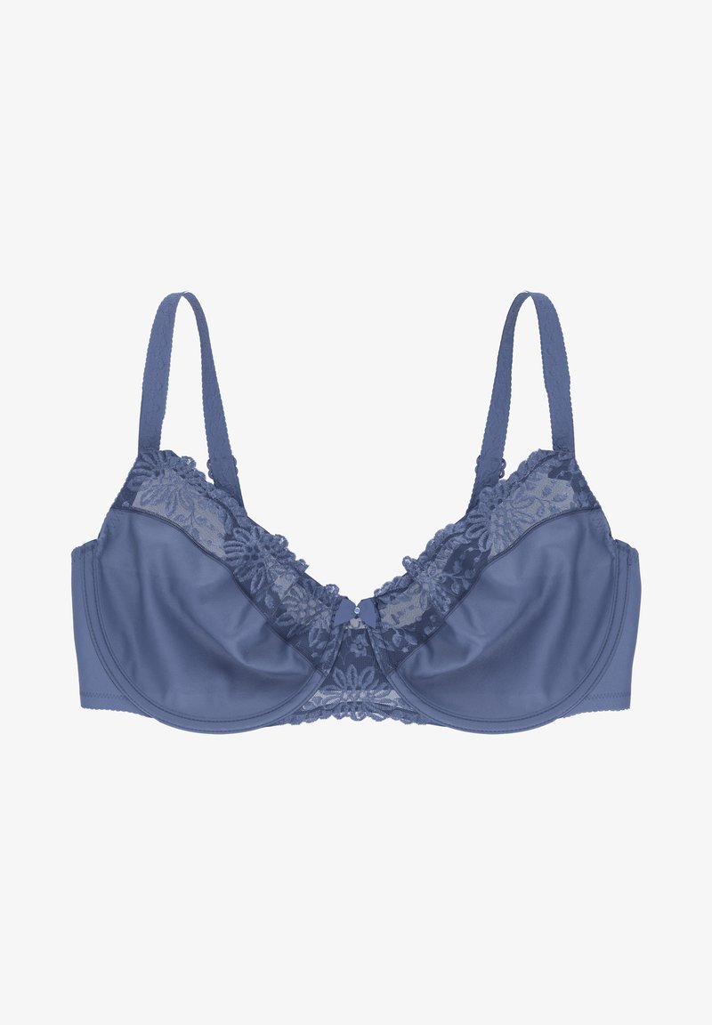 Soutien-gorge bleu avec des détails en dentelle en haut, des coques moulées, des bretelles réglables et un petit nœud au centre. Texture satinée douce.