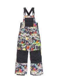 Bunte Kinderoveralls mit einem lebhaften, cartoonhaften Muster auf der Vorderseite; schwarze Akzente an der Oberseite und den Knöcheln; verstellbare Träger.