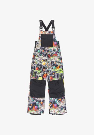 Bunte Kinderoveralls mit einem lebhaften, cartoonhaften Muster auf der Vorderseite; schwarze Akzente an der Oberseite und den Knöcheln; verstellbare Träger.