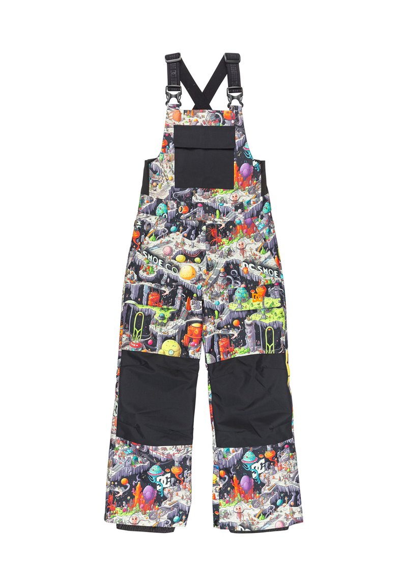 Bunte Kinderoveralls mit einem lebhaften, cartoonhaften Muster auf der Vorderseite; schwarze Akzente an der Oberseite und den Knöcheln; verstellbare Träger.