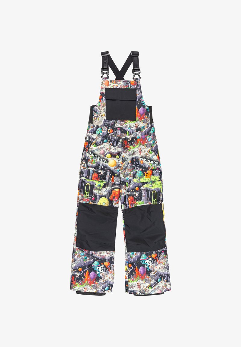 Bunte Kinderoveralls mit einem lebhaften, cartoonhaften Muster auf der Vorderseite; schwarze Akzente an der Oberseite und den Knöcheln; verstellbare Träger.