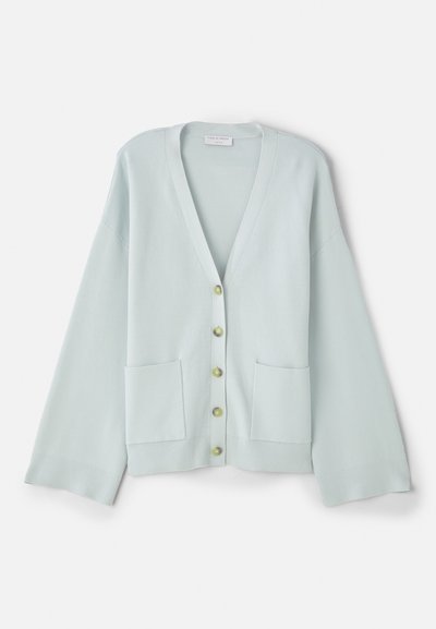 Lysegrønn cardigan med V-hals, lange ermer, frontlommer og seks runde knapper. Glatt tekstur og avslappet passform.