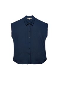 Camicetta a maniche corte blu navy realizzata in tessuto morbido, con colletto classico, chiusura frontale con bottoni e silhouette rilassata e ampia.
