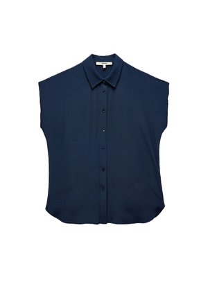 Camisa de manga corta azul marino hecha de una tela suave, con un cuello clásico, cierre de botones en la parte delantera y una silueta relajada y cuadrada.