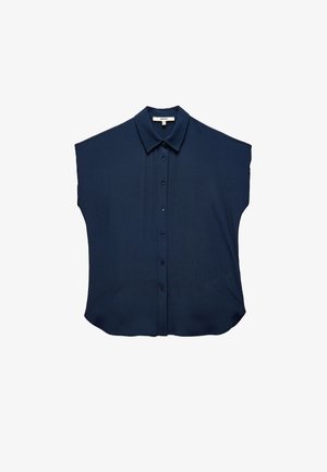 Camisa de manga corta azul marino hecha de una tela suave, con un cuello clásico, cierre de botones en la parte delantera y una silueta relajada y cuadrada.