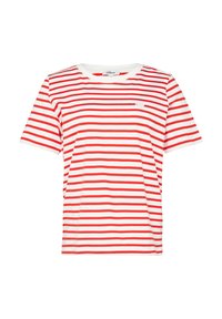 Rood-wit gestreepte korte mouwen t-shirt gemaakt van zachte stof, met een ronde halslijn en een klein logo op de borst.
