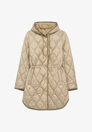 Beżowy pikowany płaszcz z kapturem, taliowany, z zapięciem na guziki z przodu. Charakteryzuje się fakturowanym wzorem w kształcie diamentu oraz bocznymi kieszeniami.