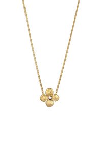 Gul kædehalssmykke med en blomsterpendant med teksturerede kronblade og en central perle. Designet er symmetrisk og delikat.