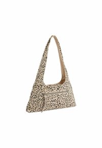 Borsa in tessuto beige dalla forma trapezoidale, con un motivo a pois neri, una tracolla singola e una tasca con zip frontale.