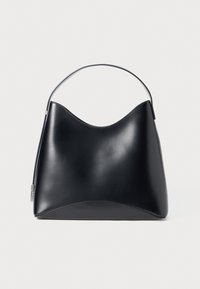 Black leather handbag with a smooth, structured design, featuring a curved top and a short handle. Minimalist, with no visible hardware accents.