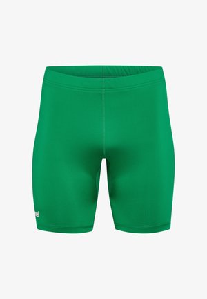 Groene zwembroek gemaakt van rekbaar materiaal, met een nauwsluitende pasvorm, elastische tailleband en zonder zichtbare patronen of accenten.