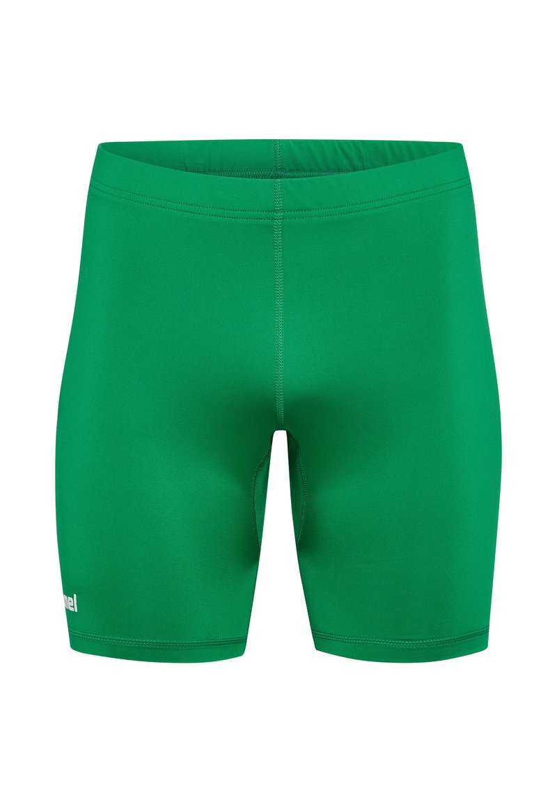 Shorts de bain verts en matériau extensible, dotés d'une coupe près du corps, d'une taille élastique et sans motifs ni accents visibles.