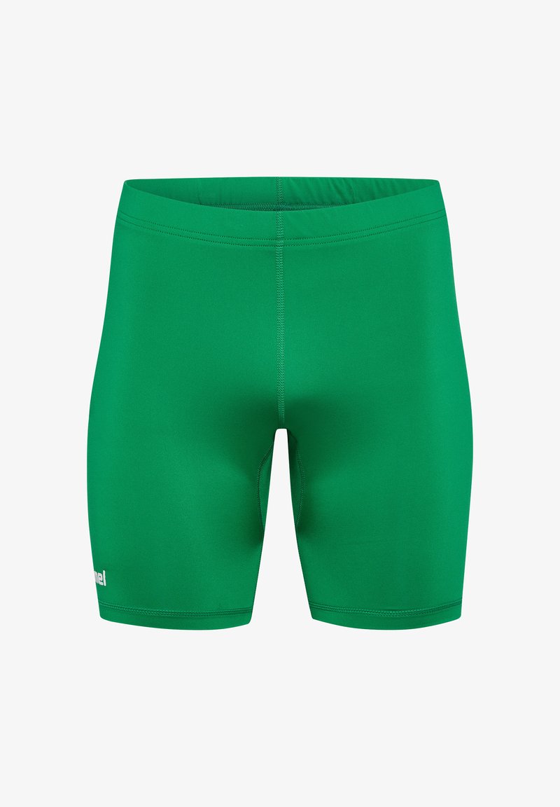 Gröna badbyxor gjorda av stretchigt material, med en tät passform, elastisk midja och utan synliga mönster eller dekorationer.