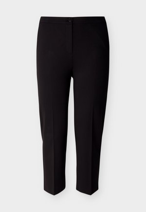 Μαύρο παντελόνι ίσιας γραμμής με μπροστινό κλείσιμο με κουμπί και φερμουάρ, εφαρμοστή γραμμή και μέση μεσαίου ύψους.