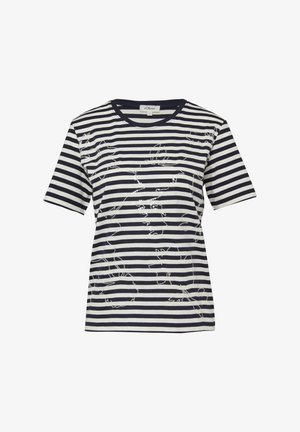 Granatowo-biały t-shirt w poziome paski z krótkim rękawem, z subtelną kwiatową haftem z cekinów na przodzie i okrągłym dekoltem.